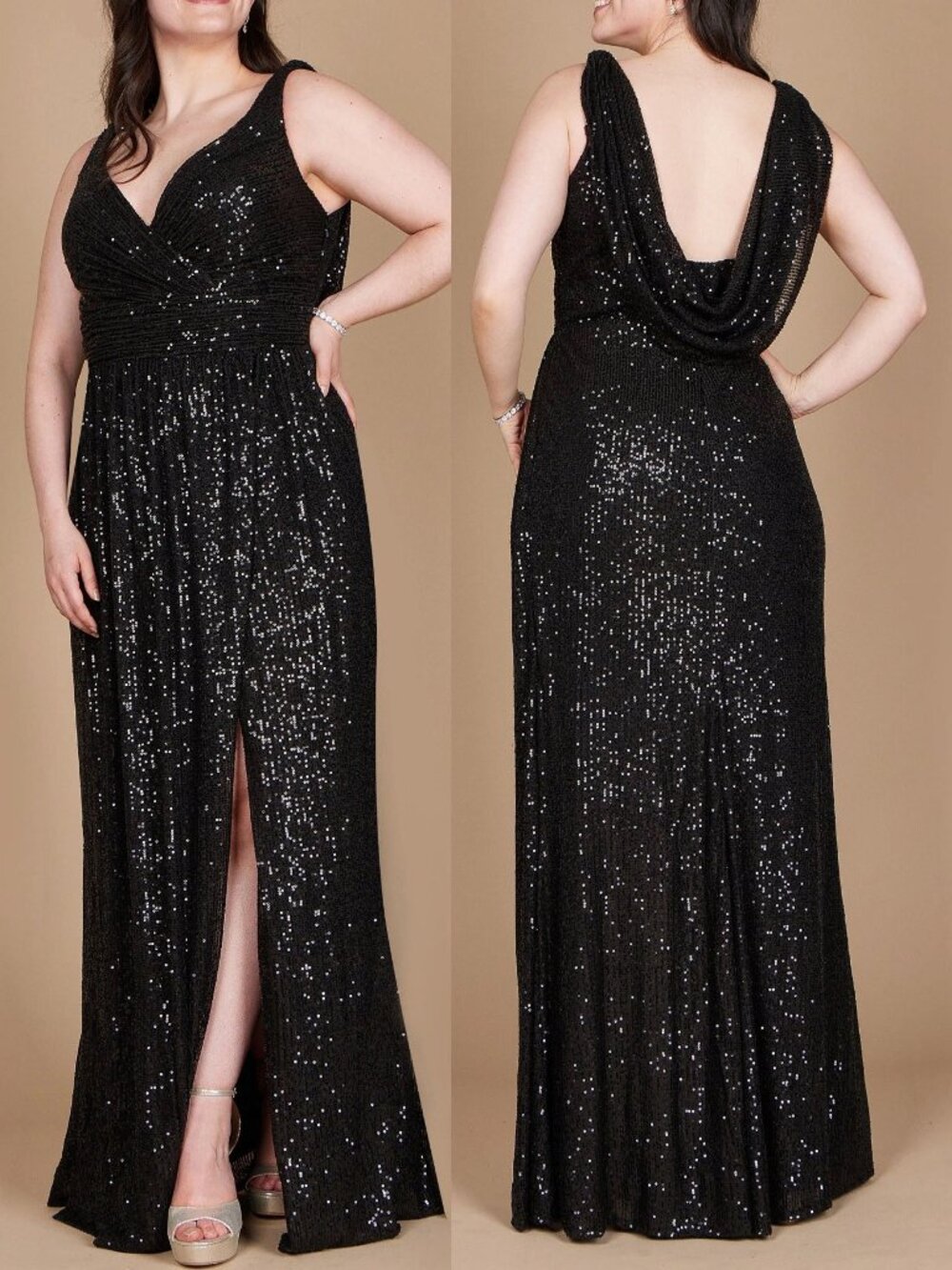 Black Sequin Sleeveless Cowl Back Formal Evening Dress 12
